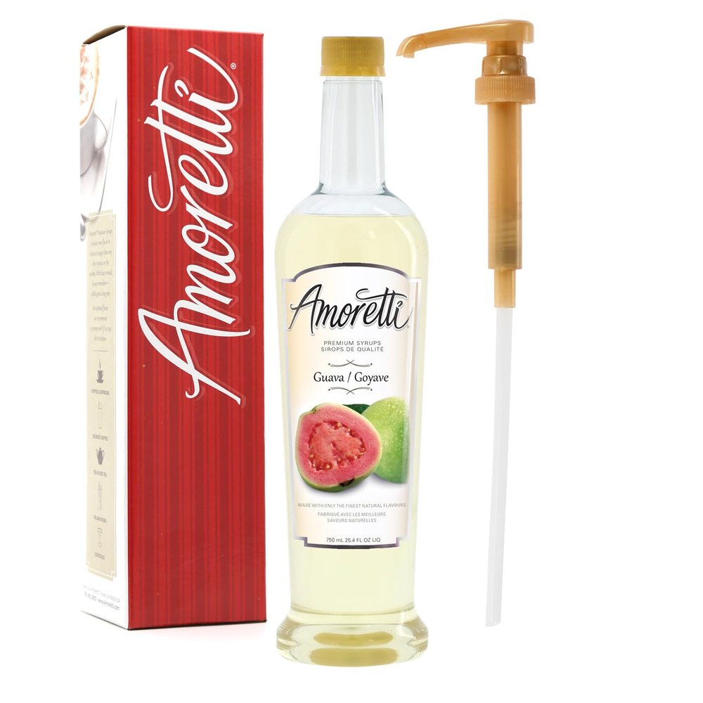Amoretti - Premium Guava Syrup, 94 Servings Per Bottle (750 ml), with Pump for Flavoring Coffees, Cocktails, and other Beverages, Gluten Free, GMO/GEO Free, Preservative Free