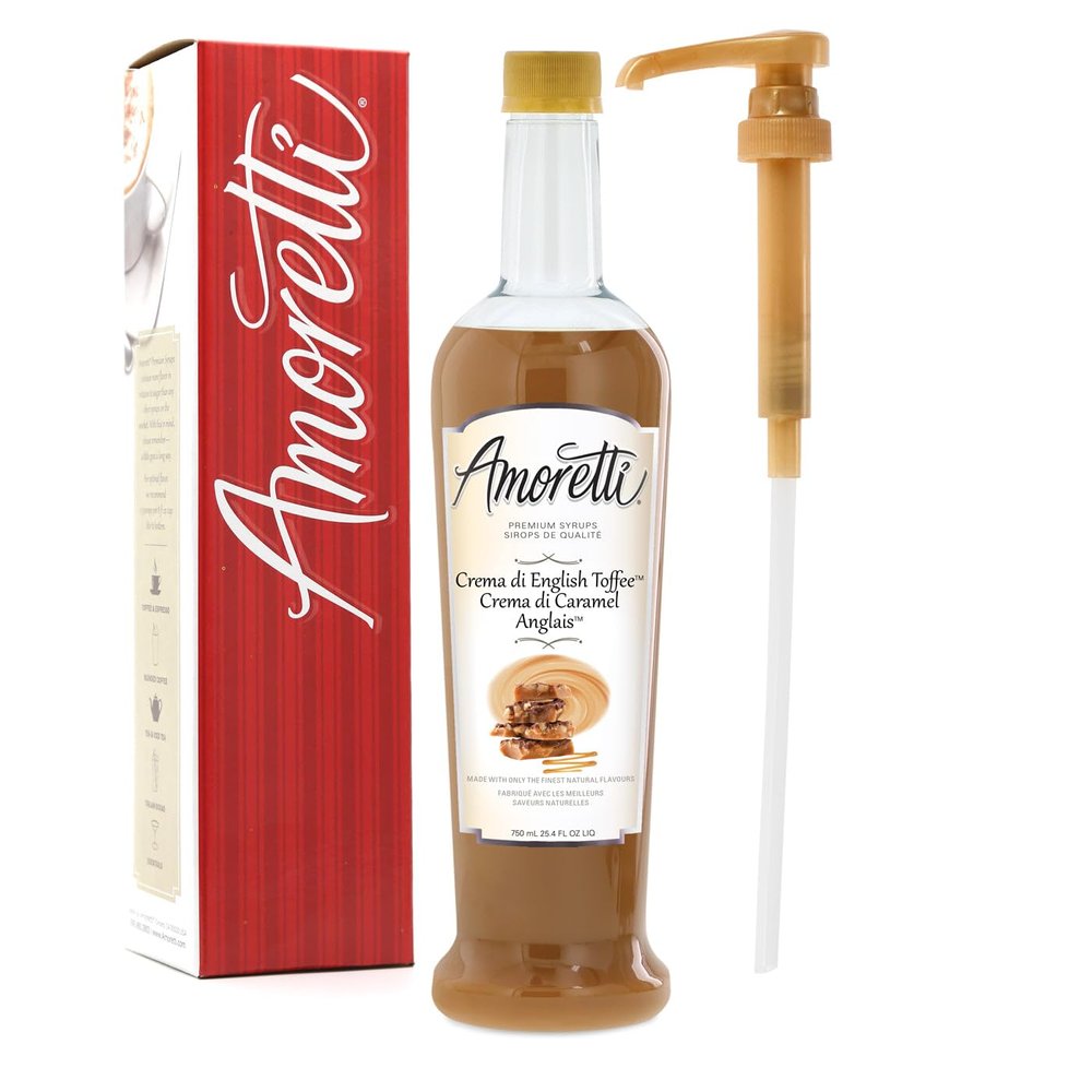 Amoretti - Premium Crema di English Toffee Syrup, 94 Servings Per Bottle (750 ml), with Pump for Flavoring Coffees, Cocktails, and other Beverages, Gluten Free, GMO/GEO Free, Preservative Free