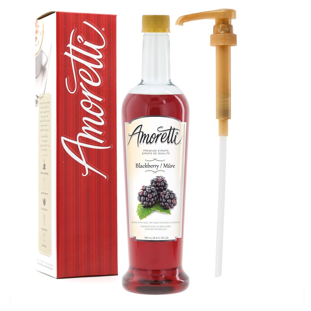 Amoretti - Premium Blackberry Syrup, 94 Servings Per Bottle (750 ml), with Pump for Flavoring Coffees, Cocktails, and other Beverages, Gluten Free, GMO/GEO Free, Preservative Free