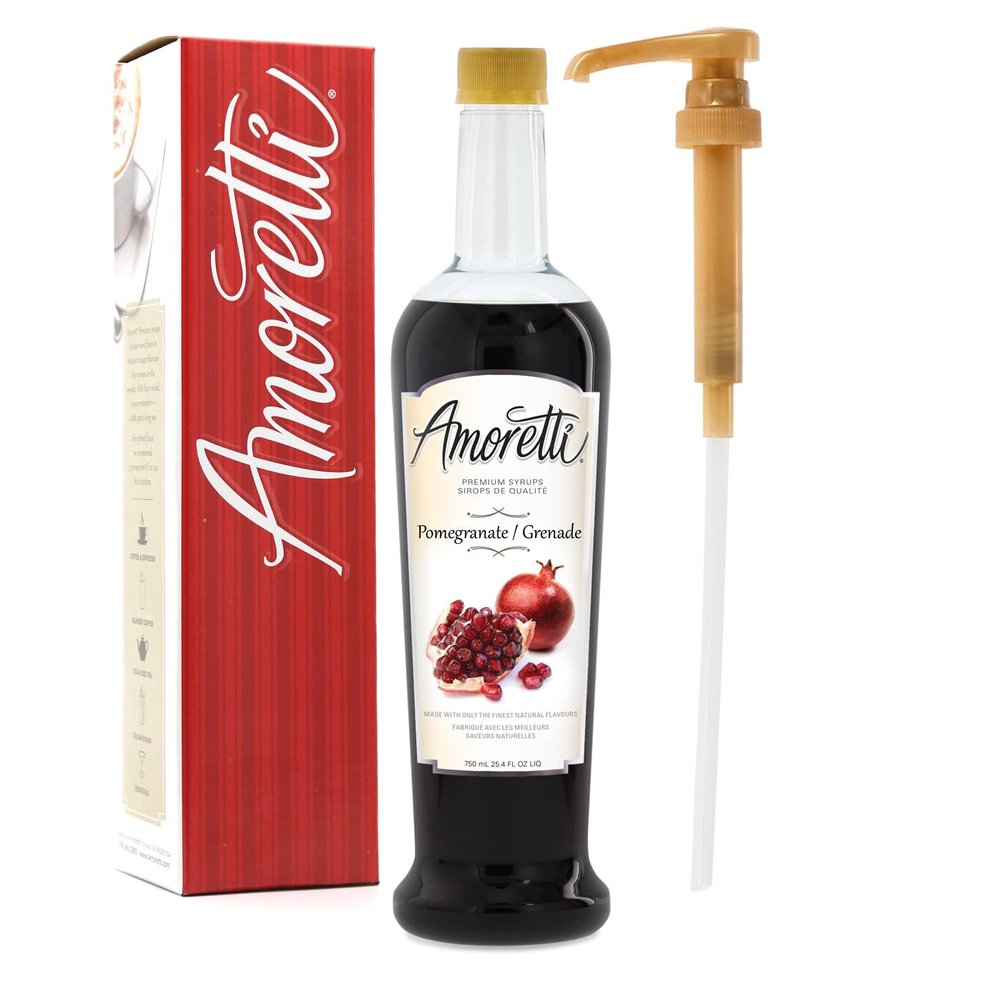 Amoretti - Premium Pomegranate Syrup, 94 Servings Per Bottle (750 ml), with Pump for Flavoring Coffees, Cocktails, and other Beverages, Gluten Free, GMO/GEO Free, Preservative Free
