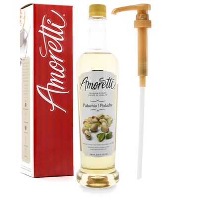 Amoretti - Premium Pistachio Syrup, 94 Servings Per Bottle (750 ml), with Pump for Flavoring Coffees, Cocktails, and other Beverages, Gluten Free, GMO/GEO Free, Preservative Free