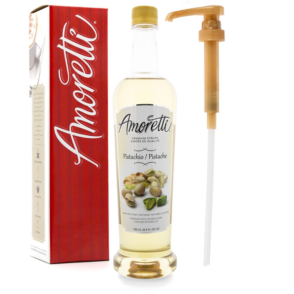 Amoretti - Premium Pistachio Syrup, 94 Servings Per Bottle (750 ml), with Pump for Flavoring Coffees, Cocktails, and other Beverages, Gluten Free, GMO/GEO Free, Preservative Free