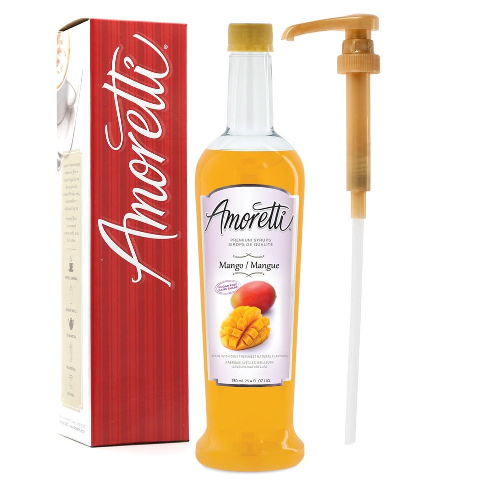 Amoretti - Sugar Free Mango Syrup, 94 Servings Per Bottle (750 ml), with Pump for Flavoring Coffees, Cocktails, and other Beverages, Gluten Free, GMO/GEO Free, Preservative Free