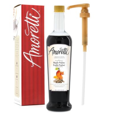 Amoretti - Premium Maple Praline Syrup, 94 Servings Per Bottle (750 ml), with Pump for Flavoring Coffees, Cocktails, and other Beverages, Gluten Free, GMO/GEO Free, Preservative Free