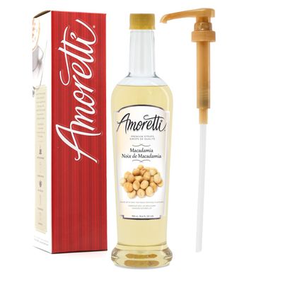 Amoretti - Premium Macadamia Syrup, 94 Servings Per Bottle (750 ml), with Pump for Flavoring Coffees, Cocktails, and other Beverages, Gluten Free, GMO/GEO Free, Preservative Free
