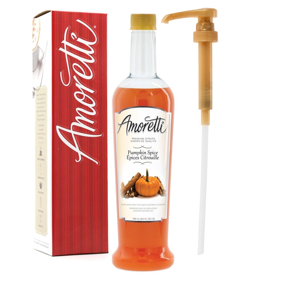 Amoretti - Premium Pumpkin Spice Syrup, 94 Servings Per Bottle (750 ml), with Pump for Flavoring Coffees, Cocktails, and other Beverages, Gluten Free, GMO/GEO Free, Preservative Free