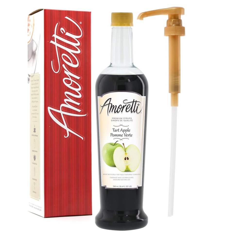 Amoretti - Premium Tart Apple Syrup, 94 Servings Per Bottle (750 ml), with Pump for Flavoring Coffees, Cocktails, and other Beverages, Gluten Free, GMO/GEO Free, Preservative Free
