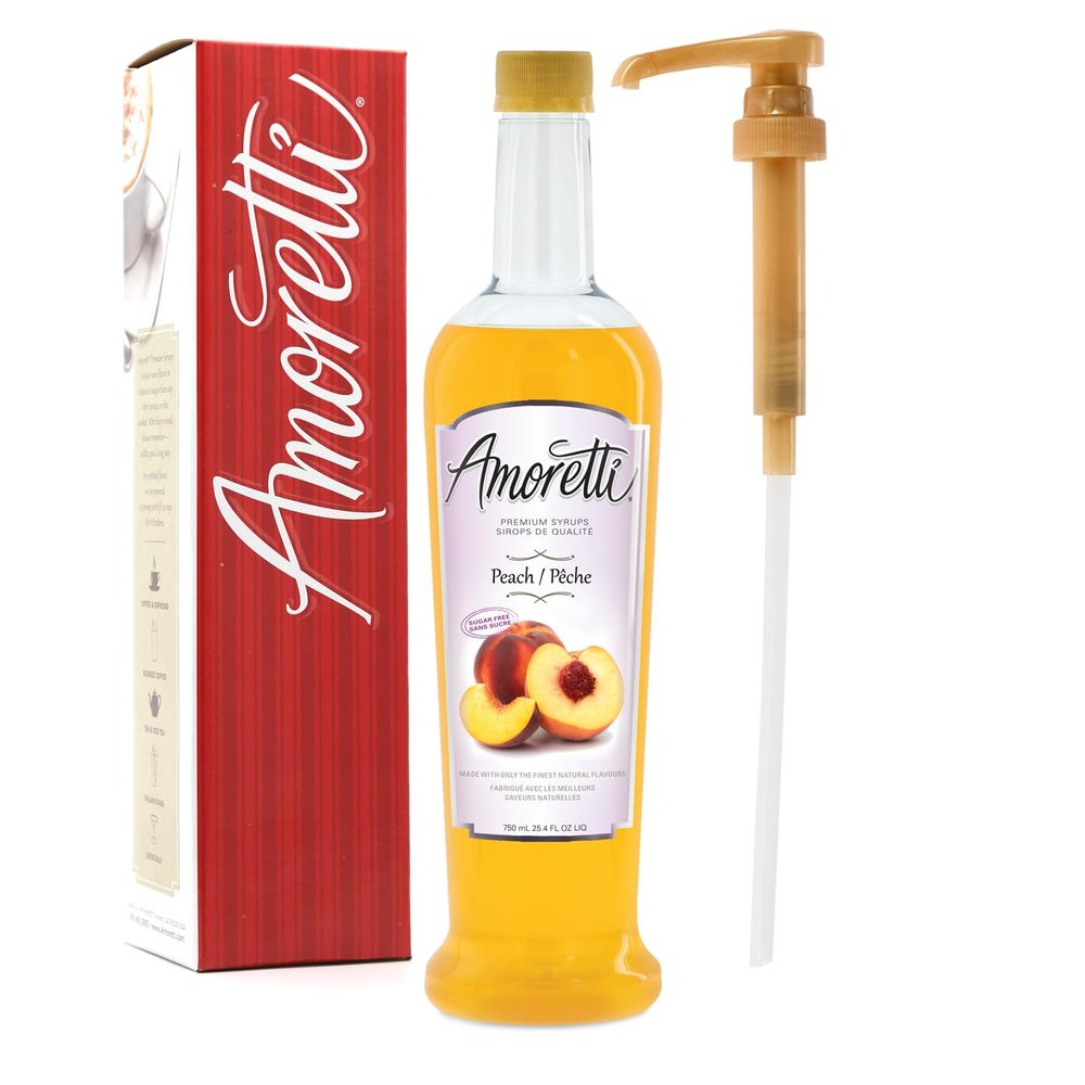 Amoretti - Sugar Free Peach Syrup, 94 Servings Per Bottle (750 ml), with Pump for Flavoring Coffees, Cocktails, and other Beverages, Gluten Free, GMO/GEO Free, Preservative Free