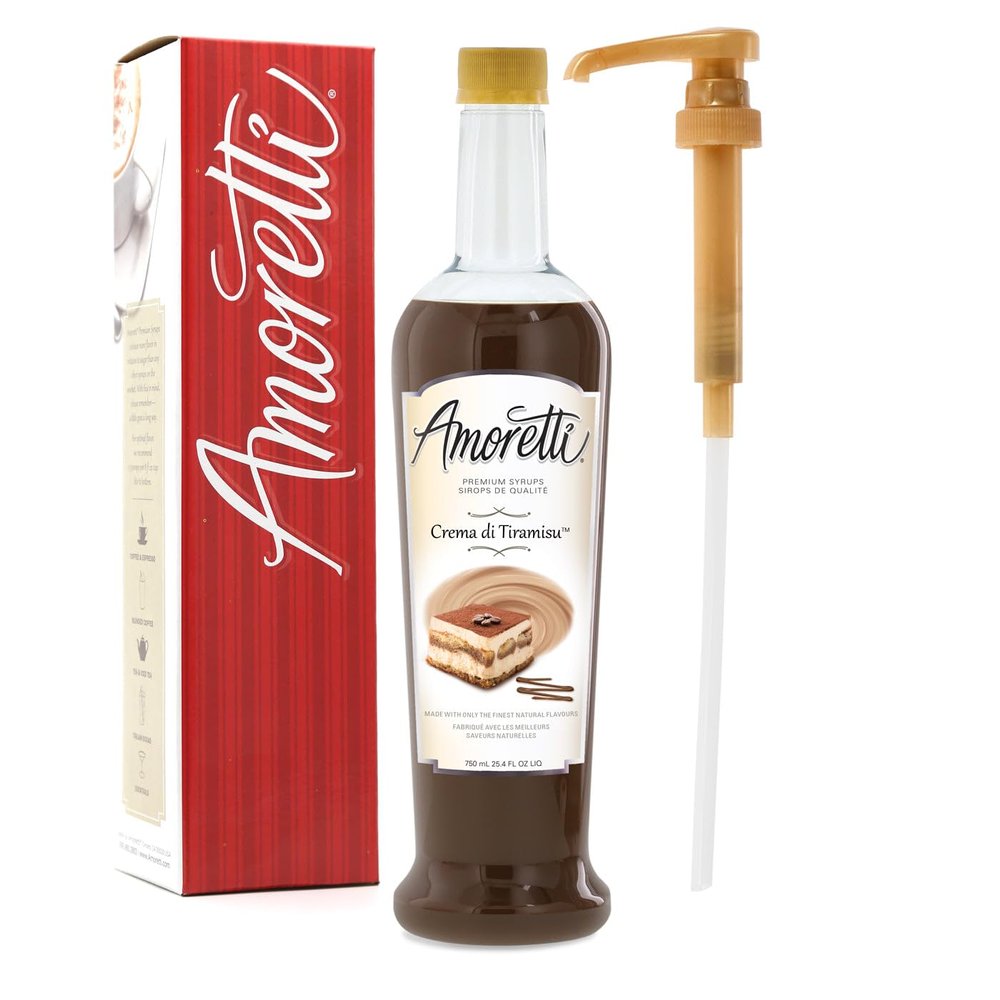 Amoretti - Premium Crema di Tiramisu Syrup, 94 Servings Per Bottle (750 ml), with Pump for Flavoring Coffees, Cocktails, and other Beverages, Gluten Free, GMO/GEO Free, Preservative Free
