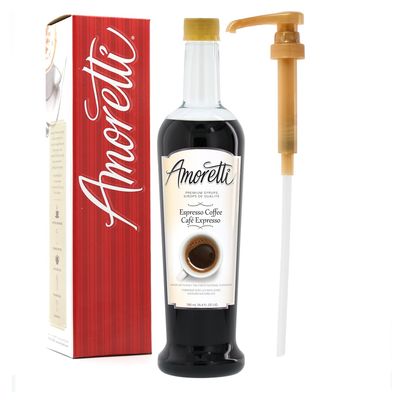 Amoretti - Premium Espresso Coffee Syrup, 94 Servings Per Bottle (750 ml), with Pump for Flavoring Coffees, Cocktails, and other Beverages, Gluten Free, GMO/GEO Free, Preservative Free