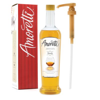 Amoretti - Premium Brandy Syrup, 94 Servings Per Bottle (750 ml), with Pump for Flavoring Coffees, Cocktails, and other Beverages, Gluten Free, GMO/GEO Free, Preservative Free
