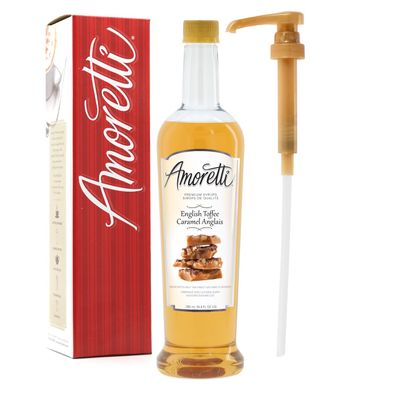 Amoretti - Premium English Toffee Syrup, 94 Servings Per Bottle (750 ml), with Pump for Flavoring Coffees, Cocktails, and other Beverages, Gluten Free, GMO/GEO Free, Preservative Free