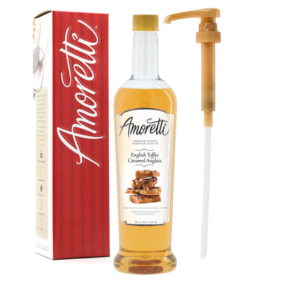 Amoretti - Premium English Toffee Syrup, 94 Servings Per Bottle (750 ml), with Pump for Flavoring Coffees, Cocktails, and other Beverages, Gluten Free, GMO/GEO Free, Preservative Free