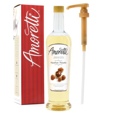 Amoretti - Premium Hazelnut Syrup, 94 Servings Per Bottle (750 ml), with Pump for Flavoring Coffees, Cocktails, and other Beverages, Gluten Free, GMO/GEO Free, Preservative Free