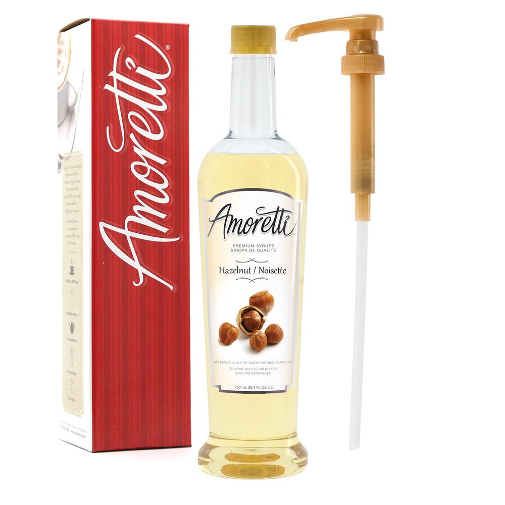 Amoretti - Premium Hazelnut Syrup, 94 Servings Per Bottle (750 ml), with Pump for Flavoring Coffees, Cocktails, and other Beverages, Gluten Free, GMO/GEO Free, Preservative Free