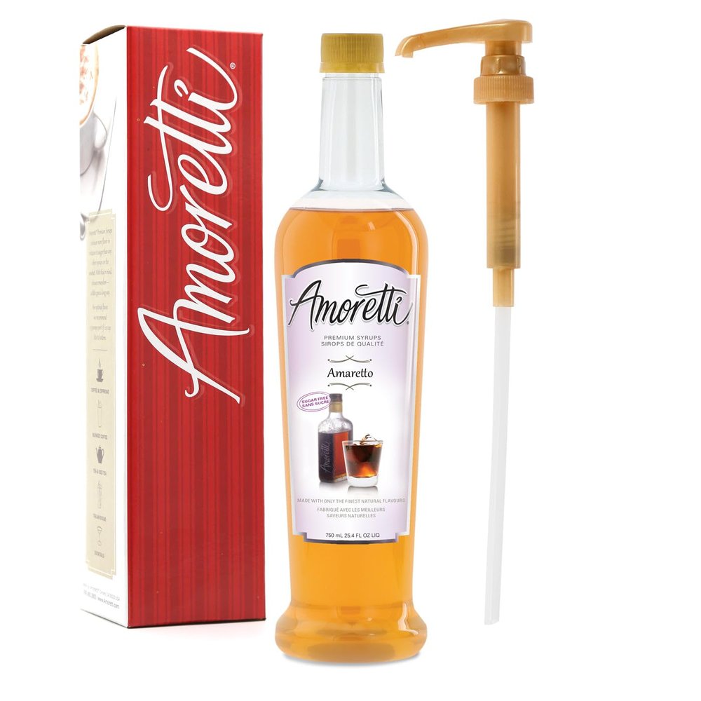 Amoretti - Sugar Free Amaretto Syrup, 94 Servings Per Bottle (750 ml), with Pump for Flavoring Coffees, Cocktails, and other Beverages, Gluten Free, GMO/GEO Free, Preservative Free