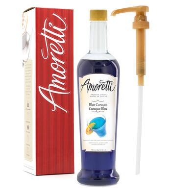 Amoretti - Premium Blue Curacao Syrup, 94 Servings Per Bottle (750 ml), with Pump for Flavoring Coffees, Cocktails, and other Beverages, Gluten Free, GMO/GEO Free, Preservative Free