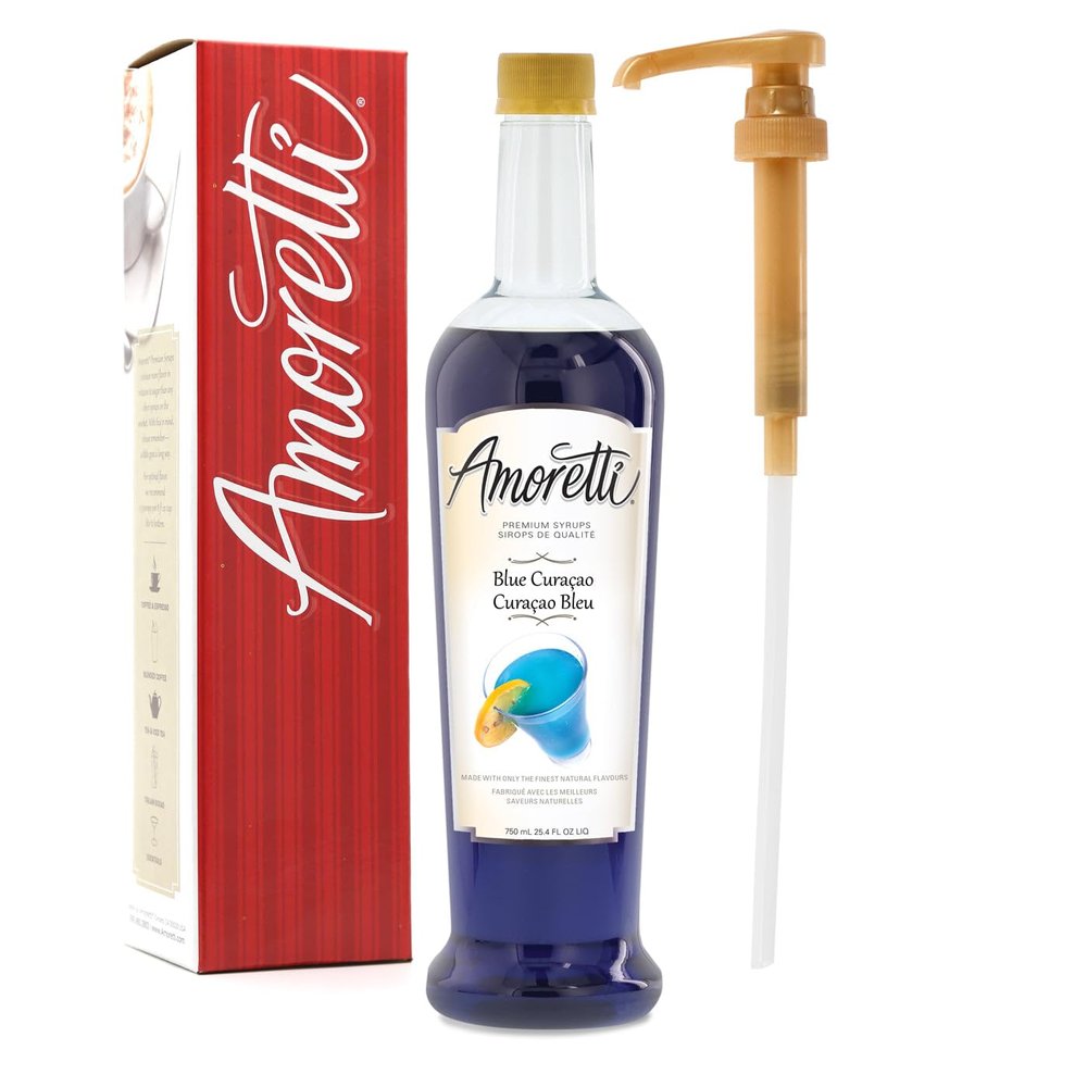 Amoretti - Premium Blue Curacao Syrup, 94 Servings Per Bottle (750 ml), with Pump for Flavoring Coffees, Cocktails, and other Beverages, Gluten Free, GMO/GEO Free, Preservative Free