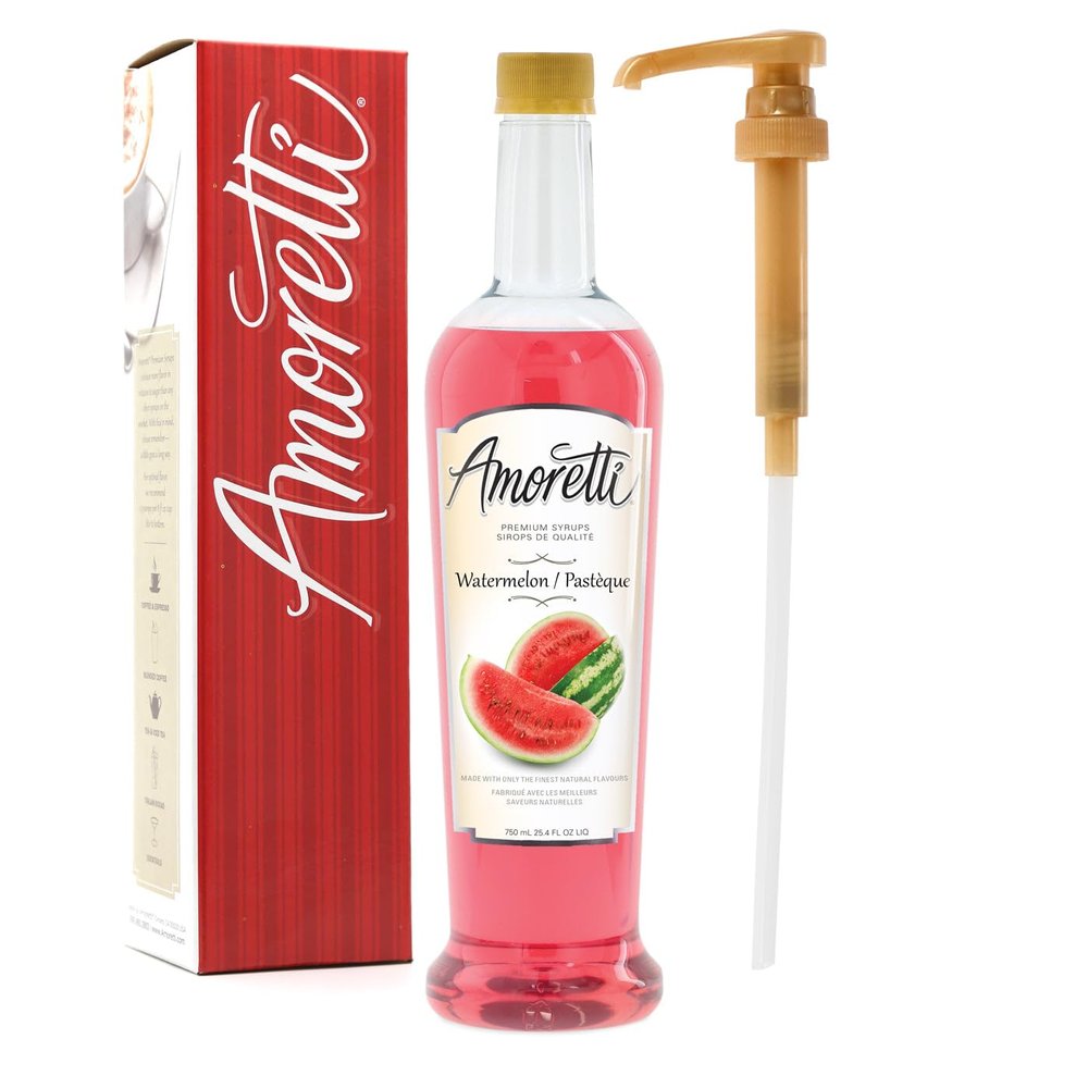 Amoretti - Premium Watermelon Syrup, 94 Servings Per Bottle (750 ml), with Pump for Flavoring Coffees, Cocktails, and other Beverages, Gluten Free, GMO/GEO Free, Preservative Free