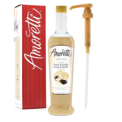 Amoretti - Premium Crema di Vanilla Syrup, 94 Servings Per Bottle (750 ml), with Pump for Flavoring Coffees, Cocktails, and other Beverages, Gluten Free, GMO/GEO Free, Preservative Free