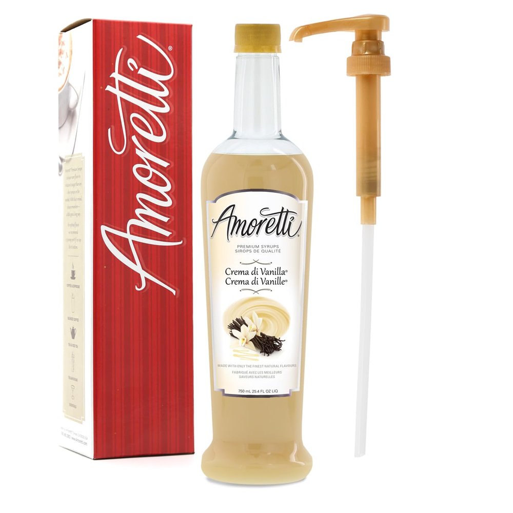 Amoretti - Premium Crema di Vanilla Syrup, 94 Servings Per Bottle (750 ml), with Pump for Flavoring Coffees, Cocktails, and other Beverages, Gluten Free, GMO/GEO Free, Preservative Free