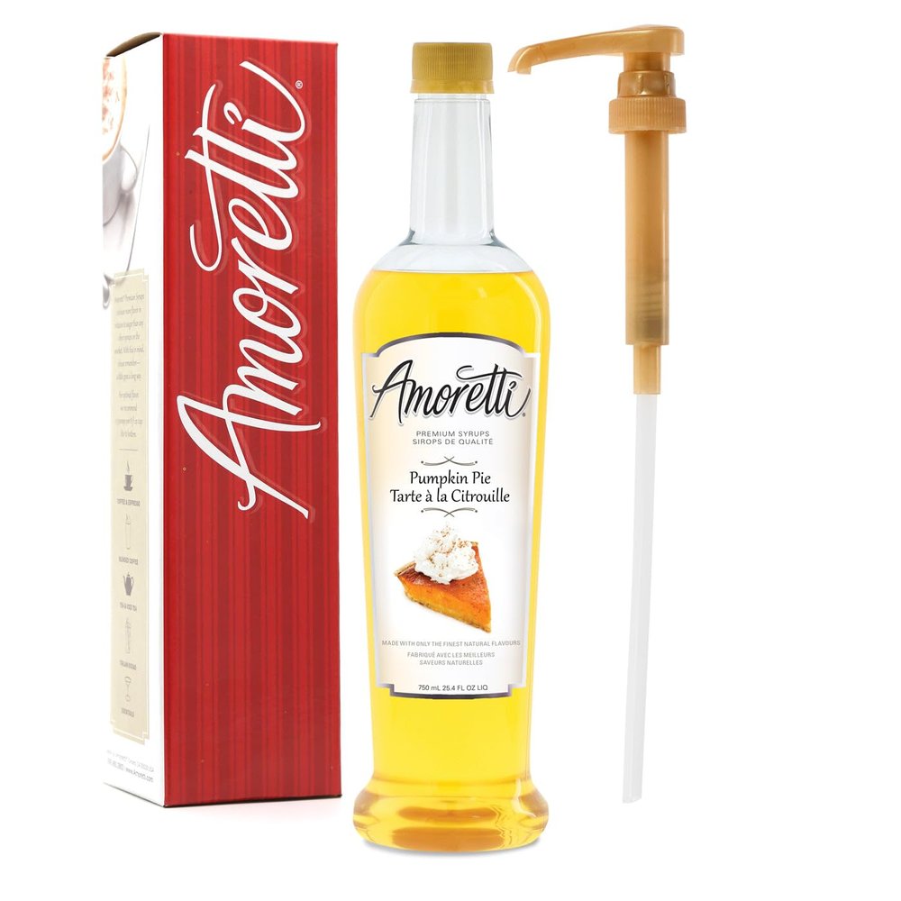 Amoretti - Premium Pumpkin Pie Syrup, 94 Servings Per Bottle (750 ml), with Pump for Flavoring Coffees, Cocktails, and other Beverages, Gluten Free, GMO/GEO Free, Preservative Free