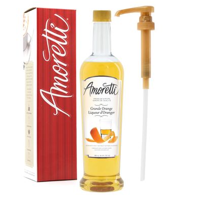 Amoretti - Premium Grand Orange Syrup, 94 Servings Per Bottle (750 ml), with Pump for Flavoring Coffees, Cocktails, and other Beverages, Gluten Free, GMO/GEO Free, Preservative Free