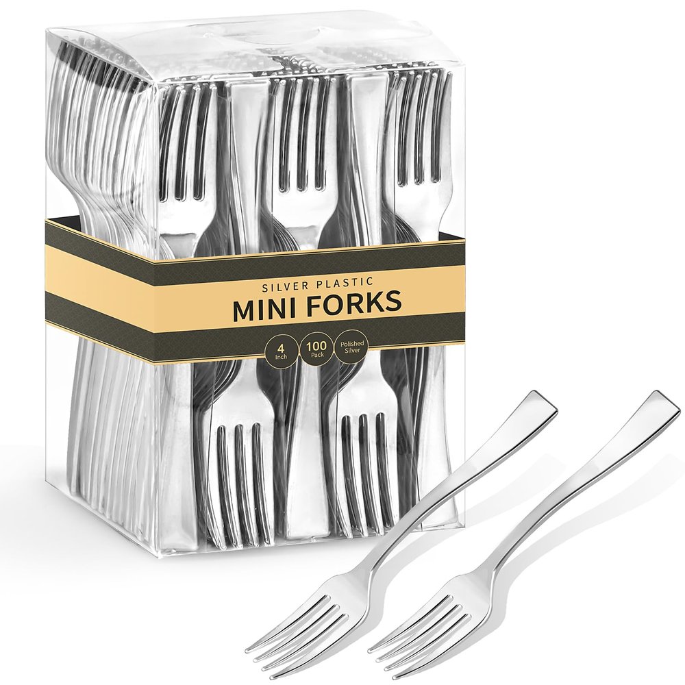 Qeirudu 4 Inch Silver Plastic Mini Forks, 100 Pack Disposable Appetizer Forks Heavy Duty Tiny Forks for Party Small Desserts, Charcuterie, Samples, Cocktails and Strawberries