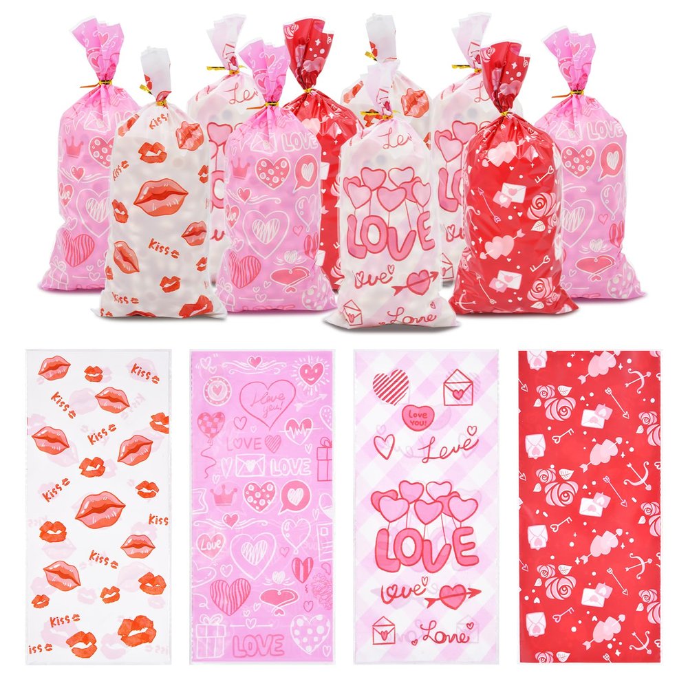 160 Pieces 4 Styles Valentine's Day Cellophane Treat Candy Bags with Twist Ties, Love and Kisses Heart Designs Clear Goodie Bags for Kids Romantic Gifts, Party Favors, and Sweet Snacks Decorations