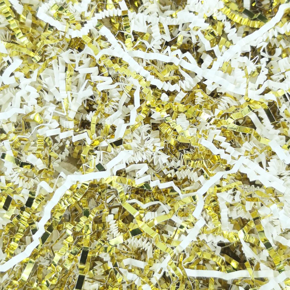 Amsthow Crinkle Cut Paper Gift Wrap Box Filler 1/2 LB Gold and White Shred Basket Raffia Grass Stuffing for Easter Decoration Birthday Wedding Valentine's Day