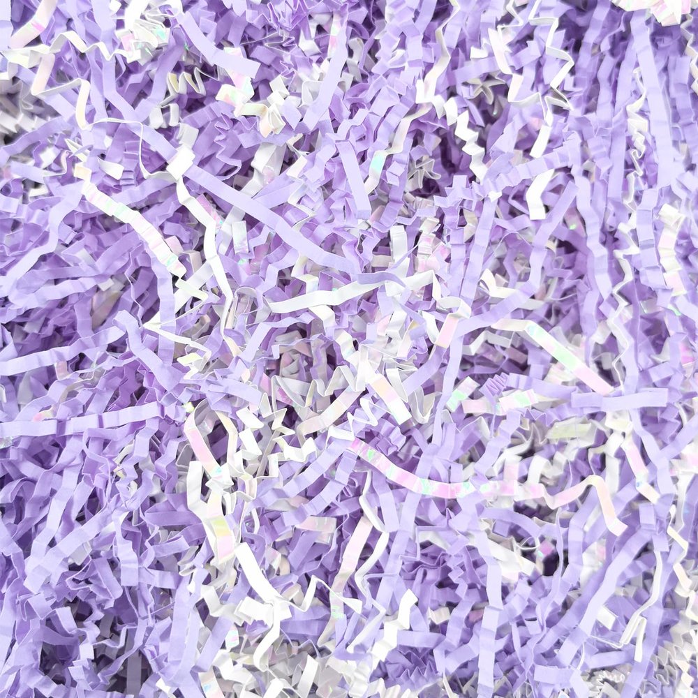 Amsthow Shredded Paper Gift Basket Stuffing 1/2 LB Diamond White and Purple Crinkle Cut Box Wrap Filler Basket Raffia Grass for Easter Valentine's Day Decoration