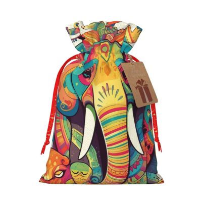 Dwrepo Cartoon Elephant And Owls Floral Print Christmas Gift Bag Burlap Reusable Drawstring Bags Xmas Favor Sack Gift Wrapping Bags For Holiday Wedding Christmas New Year'S Day Small