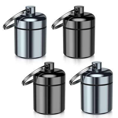 4 Pack Mini Pills Case Small Pill Holder Keychain for Purse - Portable Travel Pill Container Keychain, Waterproof Metal Daily Medicine Organizer Box for Office Outdoor Camping (Black & Grey)