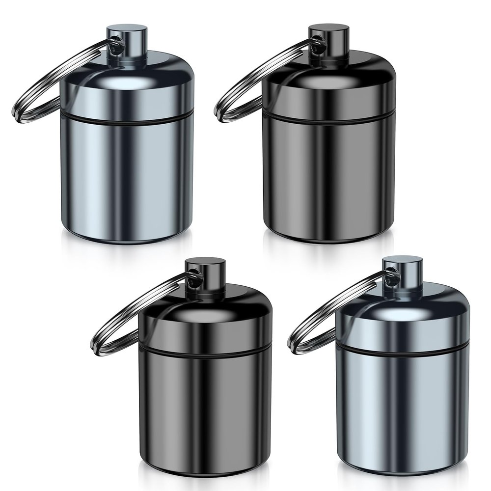 4 Pack Mini Pills Case Small Pill Holder Keychain for Purse - Portable Travel Pill Container Keychain, Waterproof Metal Daily Medicine Organizer Box for Office Outdoor Camping (Black & Grey)