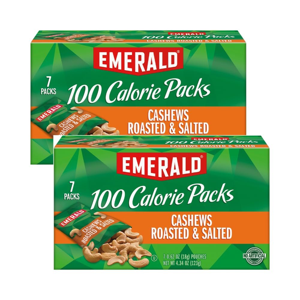 Emerald Nuts, Cashews Roasted & Salted, 100 Calorie Packs, 7 Ct, 4.34 Oz (Pack of 2)