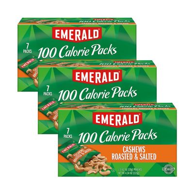 Emerald Nuts, Cashews Roasted & Salted, 100 Calorie Packs, 7 Ct, 4.34 Oz (Pack of 3)