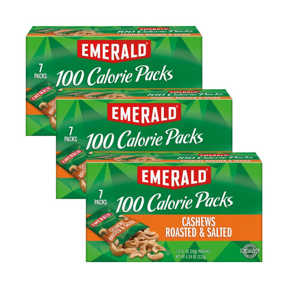 Emerald Nuts, Cashews Roasted & Salted, 100 Calorie Packs, 7 Ct, 4.34 Oz (Pack of 3)
