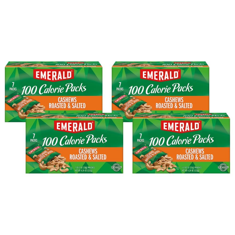 Emerald Nuts, Cashews Roasted & Salted, 100 Calorie Packs, 7 Ct, 4.34 Oz (Pack of 4)
