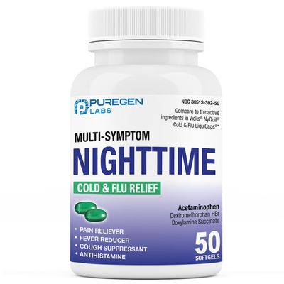 Puregen Labs Nighttime Cold and Flu Relief Medicine | 50 Softgel Liquid Capsules | Helps Relieve Sore Throat, Cough, Fever, Headaches, Runny Nose, Congestion and Aches | Value Pack