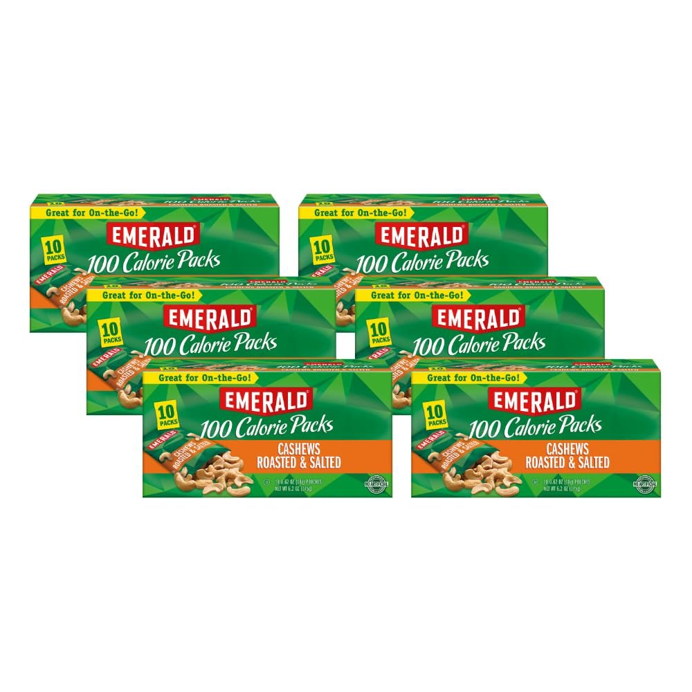 Emerald Nuts, Cashews Roasted and Salted, 100 Calorie Packs, 10 Count, 6.2 Oz (Pack of 6)