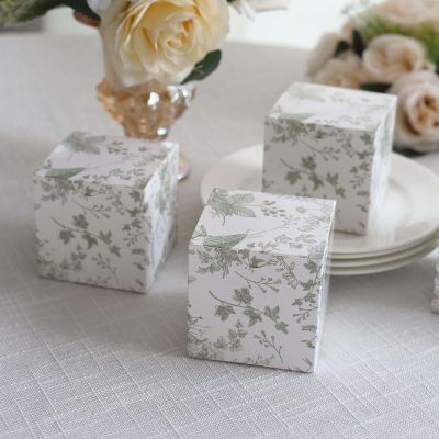 Efavormart 25 Pack White Sage Green Floral Print Paper Cube Gift Boxes with Lids, Cardstock Party Shower Candy Favor Boxes 3"x3"x3"