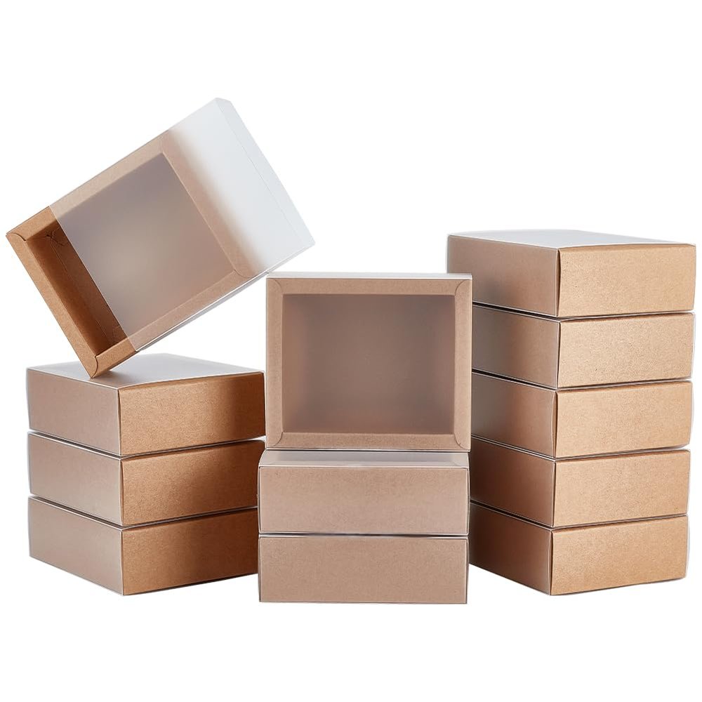 BENECREAT Kraft Paper Gift Boxes, Drawer Boxes with PVC Windows Cover for Party Favor Treats, Jewelry, Proposal Gift Packaging (Brown, 4x3.3inch Inner Size)
