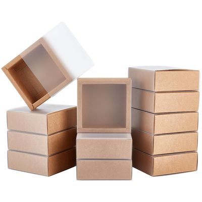 BENECREAT 16 Packs Kraft Paper Gift Boxes, Square Brown Drawer Boxes with PVC Windows Cover 3.8x3.8x1.45 for Party Favor Treats, Bakery, Jewelry, Proposal Gift Packaging