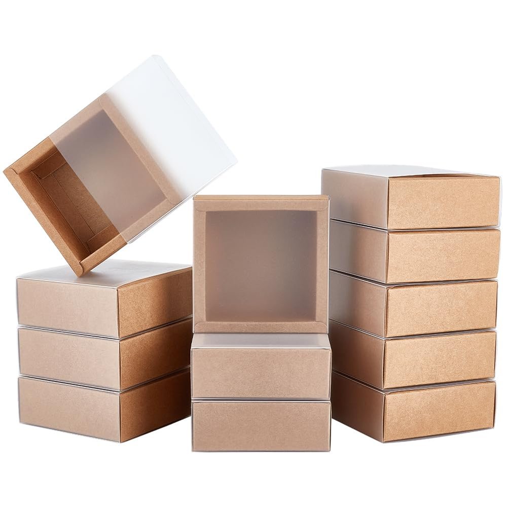BENECREAT 16 Packs Kraft Paper Gift Boxes, Square Brown Drawer Boxes with PVC Windows Cover 3.8x3.8x1.45 for Party Favor Treats, Bakery, Jewelry, Proposal Gift Packaging