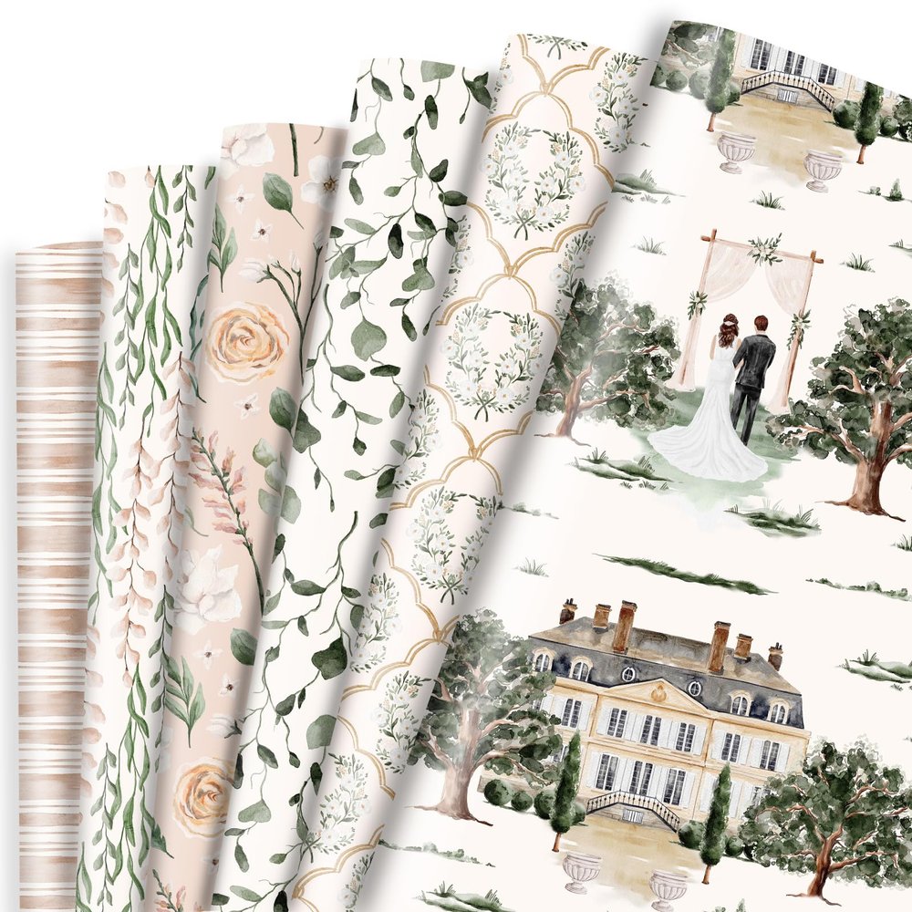 Dtiafu Wedding Wrapping Paper - 6 Style White Love & Wreath & Flower & Green Leaves Design for Wedding Bridal Shower Engagement Spring, 20 X 28 Inch Per Sheet (6 Sheets)