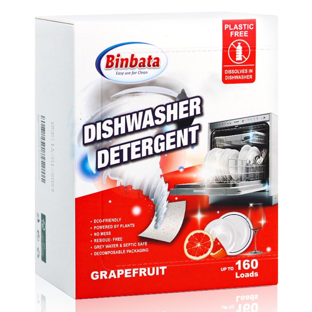 Binbata Eco Dishwasher Detergent Sheets Up To 160 Loads, Grapefruit Scent Plastic Free Dishwashing Soap Strips With High Efficient Solid Enzyme, Leaving Dishes Sparkling Clean