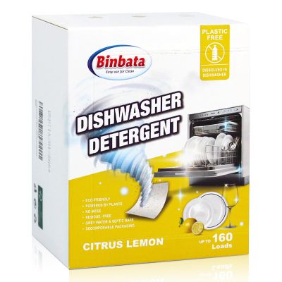 Binbata Eco Dishwasher Detergent Sheets Up To 160 Loads, Citrus Lemon Scent Plastic Free Dishwashing Soap Strips With High Efficient Solid Enzyme, Leaving Dishes Sparkling Clean