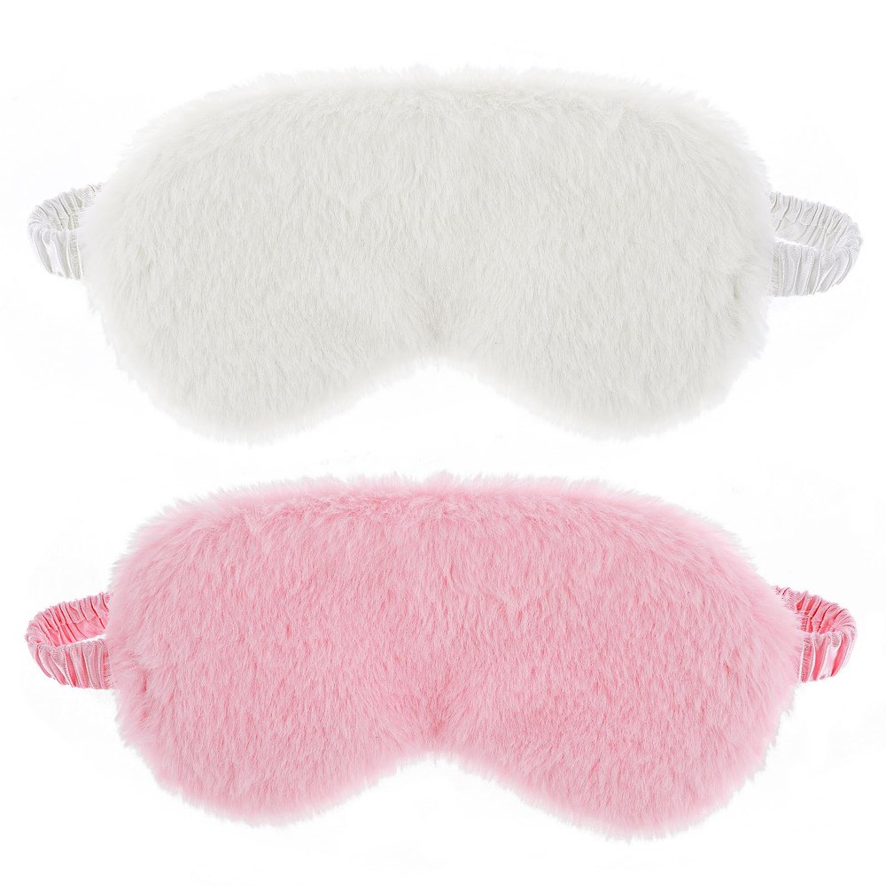 2 Pcs Plush Fluffy Eye Mask Soft Sleeping Blindfold Eye Cover Comfortable Furry Faux Fur Sleeping Mask Satin Nap Night Eyeshade Cover for Women Men Gift (White, Pink)