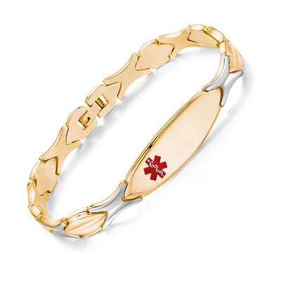 LinnaLove Fashion Shiny medical alert bracelet with Free Engraving Stainless steel Medical id bracelet for Women (Front-Gold, Inches, 7.50)
