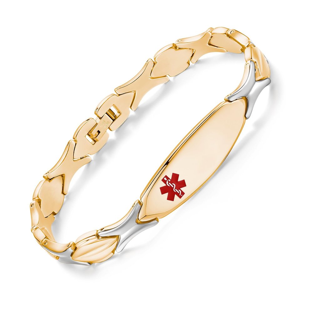 LinnaLove Fashion Shiny medical alert bracelet with Free Engraving Stainless steel Medical id bracelet for Women (Front-Gold, Inches, 7.50)
